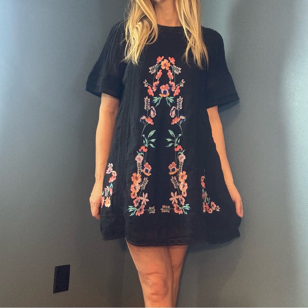 Free People Perfectly Victorian Black with Floral Embroidery Mini Dress - Picture 6 of 10